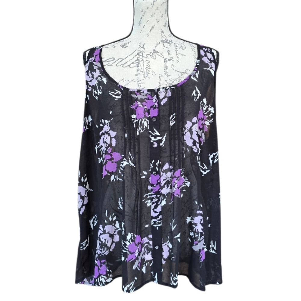 Torrid Black Purple Floral Sheer Sleeveless Top 1X - Picture 2 of 9